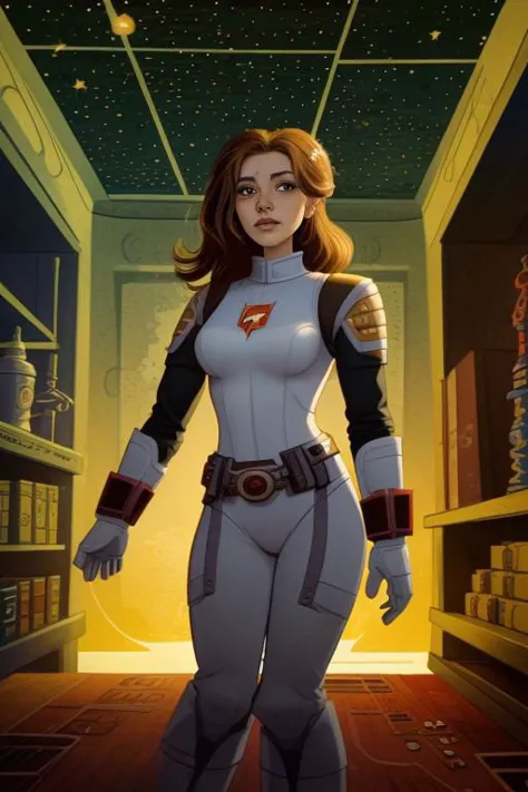 Illustration of a female space warrior, science fiction background