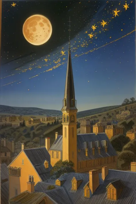 ilustração de Jean-Pierre Gibrat; Pintura a óleo em tela de um céu noturno azul com energia revolta. Uma lua crescente amarela, fofa e brilhante, brilhando no topo. Abaixo das estrelas amarelas explodindo e redemoinhos azuis radiantes, Uma aldeia distante fica em silêncio à direita. Conectando a terra e o céu, está um cipreste flamejante com galhos encaracolados e oscilantes à esquerda. Um campanário da igreja surge como um farol sobre colinas azuis onduladas. ilustração de Jean-Pierre Gibrat