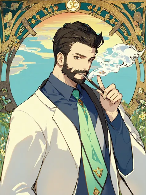 <lora:Tarot Card Style-000005:1> Tarot Card,1boy, male focus, facial hair, solo, beard, tarot, smoking pipe, shirt, black hair, jacket, hair slicked back, smoking, holding, brown jacket, upper body, art nouveau, art by alphonse mucha