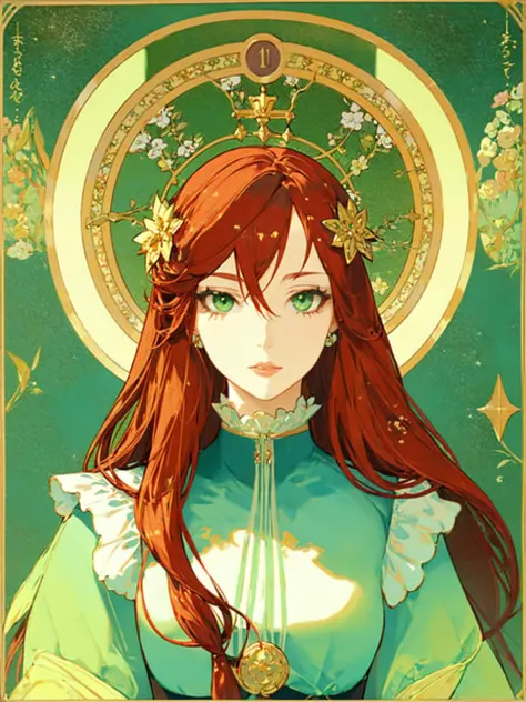 a woman with long red hair and a green dress holding a sword