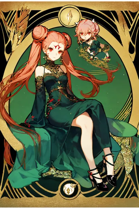 <lora:Tarot Card Style-000005:1> Tarot Card, 1girl, crystal earrings, long hair,pink hair, crescent facial mark, crescent, facial mark, hair bun, dress, art nouveau, forehead mark, twintails, very long hair, side slit, double bun, cone hair bun, earrings, jewelry, black dress, red footwear, red eyes, tarot, shoes