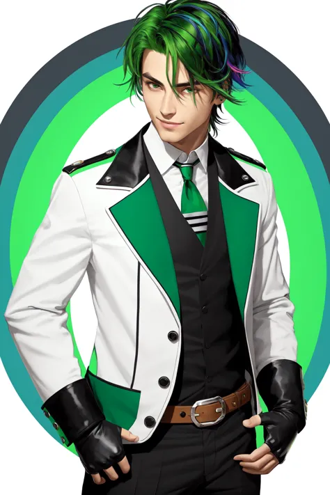 Tarot Card, tarot card style, 1boy, smile, solo, gloves, male focus, multicolored hair, belt, fingerless gloves, green eyes, jacket, earrings, necktie, rainbow, hand on hip, grin, long hair, shirt, jewelry, looking at viewer, black shirt, sparkle, teeth, facial hair, blush, black jacket, long sleeves, open clothes, pants, green pants, green hair, open jacket, black belt, green gloves, white hair, belt buckle, buckle, collared shirt, green belt, black hair, striped necktie, blue hair, piercing, striped, white background, rainbow hair, glint ,art nouveau, art by alphonse mucha <lora:Tarot Card Style:1>