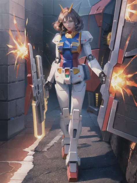 a giant  (Gundam rx78 1.2)  robot wiht a gun in its hand and  Shield in the middle of the battlefield; and ruins, sparks, and flames surround it, Steel, edge rust, and edge wear, (extremely detailed CG unity 8k wallpaper), realistic, masterpiece, highest quality, ((scifi)), lens flare, ((light sparkles)), unreal engine, digital painting, Style-TronLegacy-8v-B, trending on ArtStation, trending on CGSociety, Intricate, High Detail, dramatic, realism, beautiful and detailed lighting, shadows opt-6000
full body,