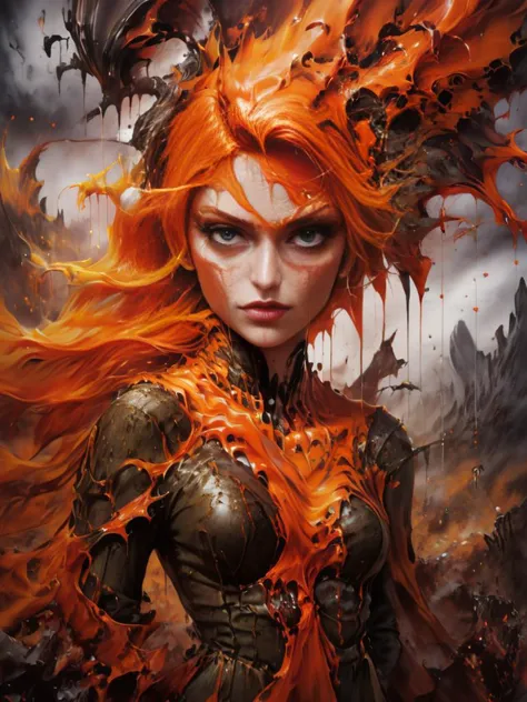 1girl, beautiful, orange hair, fantastical hair, standing in the highlands, eyeliner, focus on eyes, intricate detailed backgrou...