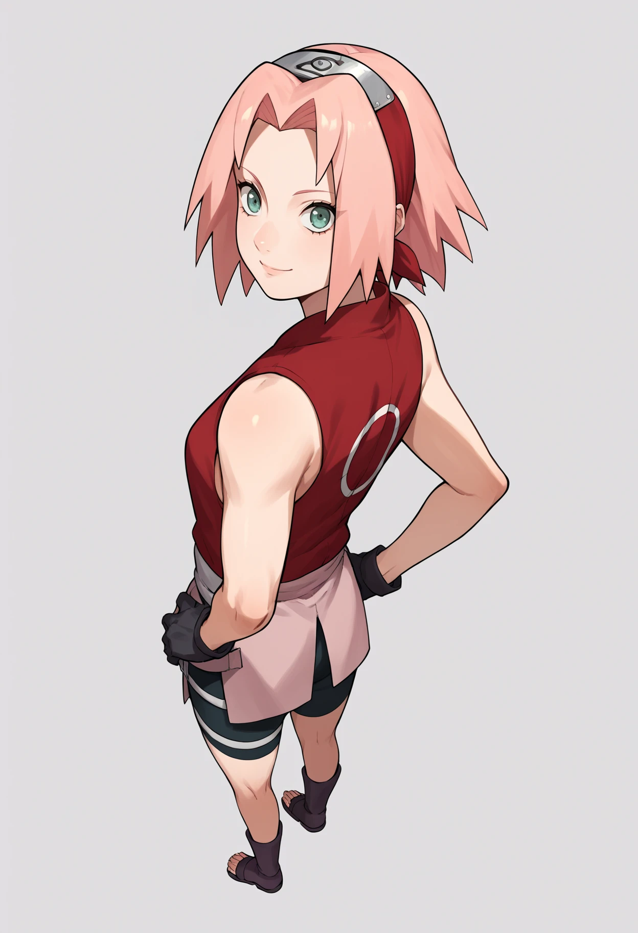 score_9, score_8_up, score_7_up, score_6_up, score_5_up, score_4_up, BREAK, source_anime,
1girl, haruno sakura, pink hair, short hair, green eyes, sleeveless, red shirt, forehead protector, bike shorts, shorts, black gloves,
hands on hips, smile, standing, full body, looking at viewer, solo, simple background, white background
 