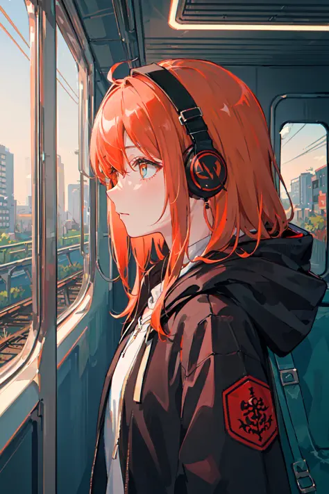 (masterpiece, sidelighting, ultra-detailed, finely detailed beautiful eyes: 1.2), 1girl, bag, building, from side, headphones, h...
