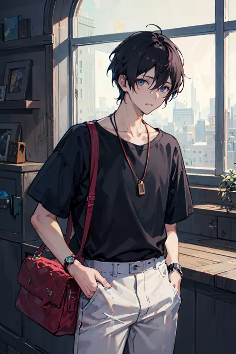 1boy, apple, bag, bangs, berry, black hair, black shirt, blue eyes, hair between eyes, jewelry, leaf, looking at viewer, male fo...