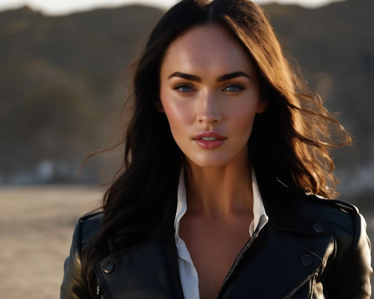 Megan_Fox,leather coat,leather pants,white shirt,thigh strap,street, extremely delicate and beautiful,full frontal,beach,, ((sharp face, detailed face, realistic face, naturtal skin, realistic skin, detailed skin, pores, detailed eyes,realistic eyes)),, (masterpiece, best quality, ultra-detailed, best shadow), high contrast, (best illumination), ((cinematic light)), colorful, hyper detail, dramatic light, intricate details, (1 girl, solo) , ultra detailed artistic photography, dreamy, backlit, shadows, ultra high definition, 8k, ultra sharp focus, ultra high quality model, soft lighting, film photography, analogue photography, hyperrealism,
