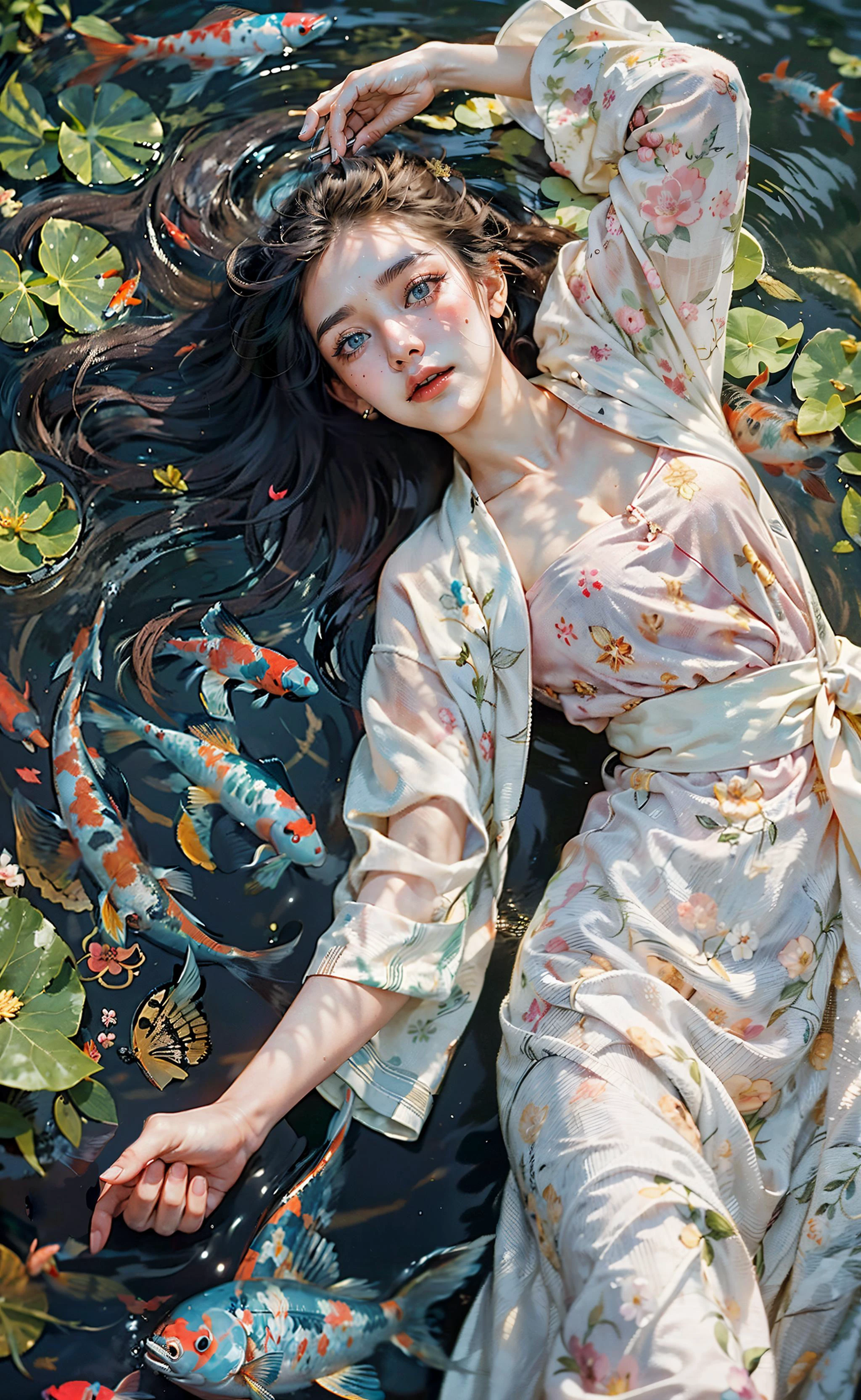 Auf dem Wasser schweben, Lied_HanFu, ((beste Qualität)), ((Meisterwerk)), ((Realistisch)), ((Mädchen liegt auf dem Rücken, mit Koi-Fischen auf dem Wasser schwimmen, bunte Fische)),
In einer malerischen Szene der Ruhe, ein 22-jähriges Mädchen mit kleinen Brüsten schwimmt anmutig auf der Wasseroberfläche. Gekleidet in ein traditionelles Hanfu-Kleid, das aufwendig mit Blumenmustern verziert ist, Sie verkörpert eine elegante Schönheit. Ihr wallendes Haar, strahlt ein sanftes Leuchten aus, tanzt frei in der umgebenden Brise. Das Wasser unter ihr ist akribisch detailliert, jede Welle und jede Reflexion einfangen. Golden, Rot, Schwarz, und weiße Koi-Fische schwimmen anmutig neben ihr, Ihre leuchtenden Farben verleihen der ruhigen Atmosphäre eine fesselnde Lebendigkeit. Seerosen und zarte rosa Blüten zieren die Szene, Ihre Blütenblätter werden sanft vom Wind verweht, Erstellen einer skurrilen Anzeige. Das sanfte Licht betont das Gesicht des Mädchens, enthüllt ihre atemberaubenden Gesichtszüge inmitten des wunderschönen Tyndall-Effekts. Der helle Hintergrund verstärkt die filmische Qualität der Komposition, die gesamte Szene in lebendige Farben hüllen. This artful fusion of elements creates a truly cinematic and visually breathtaking Meisterwerk, wo das Mädchen und der Fisch in einem Moment der Harmonie und Schönheit koexistieren. (Haarschnittmodell von Asymmetrischer Haarschnitt, scharfes Blau),