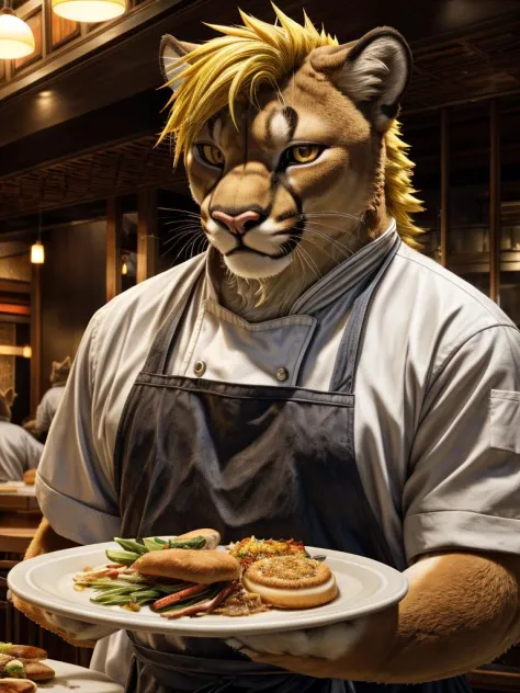 Masterpiece realistic, best high quality, perfect details, RAW Photo, intricate details, nice lighting, 4K, Cougar, (kemono:1.2), shot yellow hair, master chef, restaurant, food