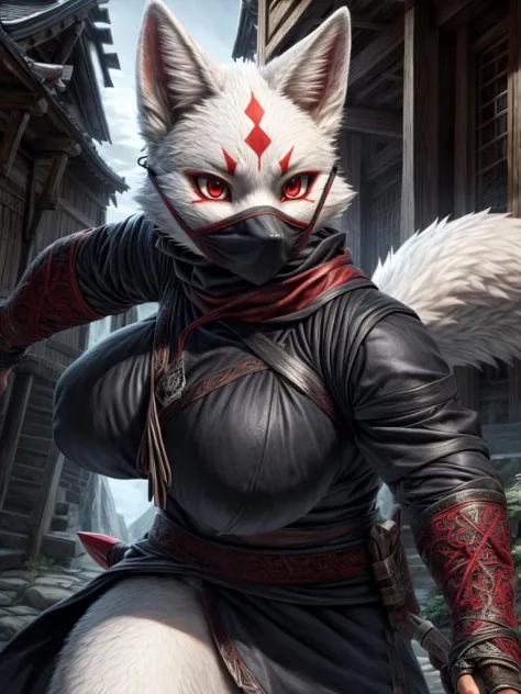 Masterpiece realistic, best high quality, perfect details, intricate details, nice lighting, detailed background, Ninja, black outfit, female white fox with red markings, kemono, huge breast, face mask, ninja action pose, magic fantasy, thick body, kunai,