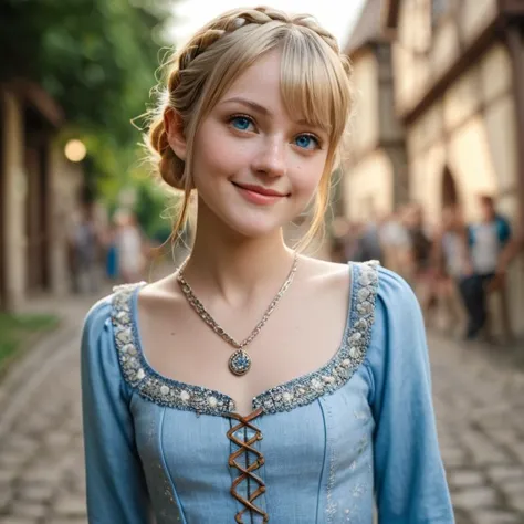 expressiveh
1girl, blonde, french braid ((feathered bangs)), beautiful, cute, pale skin, petite, short, slim, thin waiste, small butt, highly detailed face, blue eyes, freckles, stubby nose, cheeky smile
silver necklace with ring, lightblue medieval dress, peasant clothing, middle ages
medieval village, summer day, warm light, light particles
<lora:AmateurStyle_v1_PONY_REALISM:0.3> <lora:Expressive_H:0.3>, zPDXLrl, score_9, score_8_up, score_7_up, score_6_up, score_5_up, realistic, photograph, real photo, cinematic, natural skin, skin detail,