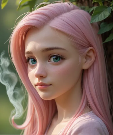 a close up of a girl with pink hair and blue eyes