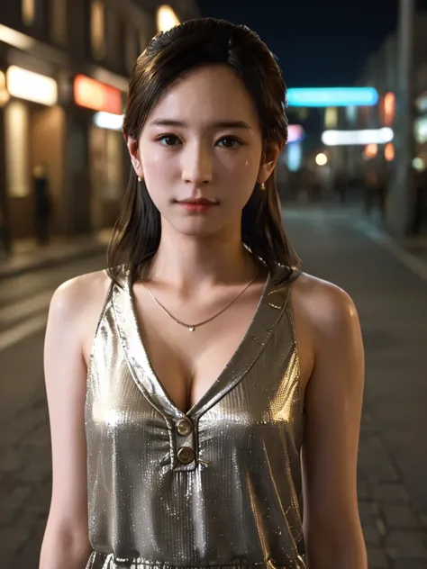 a close up of a woman in a dress standing on a street