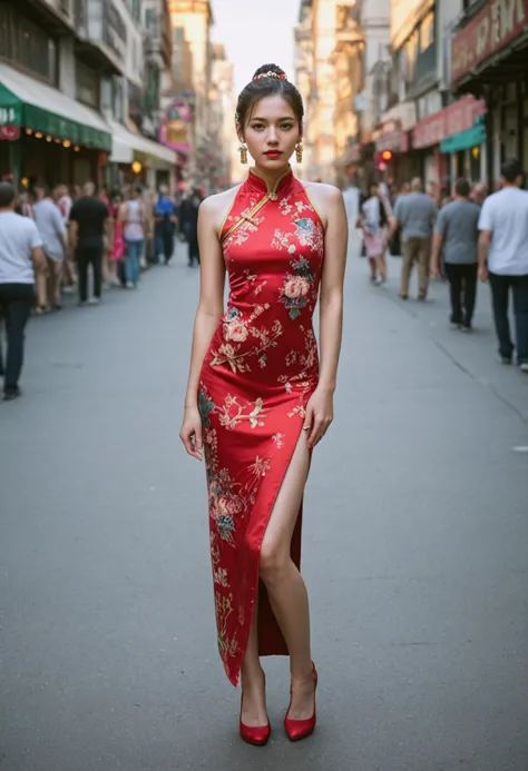 a woman in a red dress is standing in a street