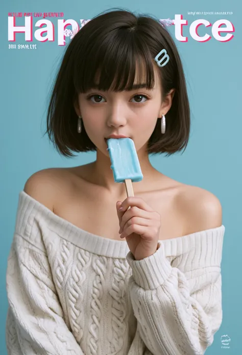 a woman holding a popsicle in her hand while posing for a magazine cover