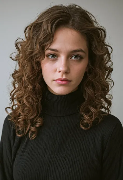 a close up of a woman with a black turtle neck sweater