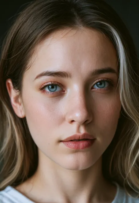 a close up of a woman with a white shirt and blue eyes