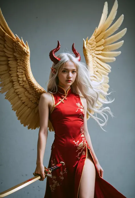 a woman in a red dress with wings and a sword