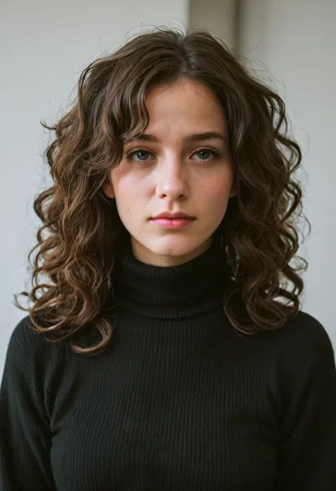 a close up of a woman with a black turtle neck sweater