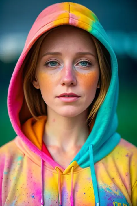 beautiful american college woman, wearing hoodie, looking at viewer, holi color festival, portrait, hyper detailed  <lora:epinoi...