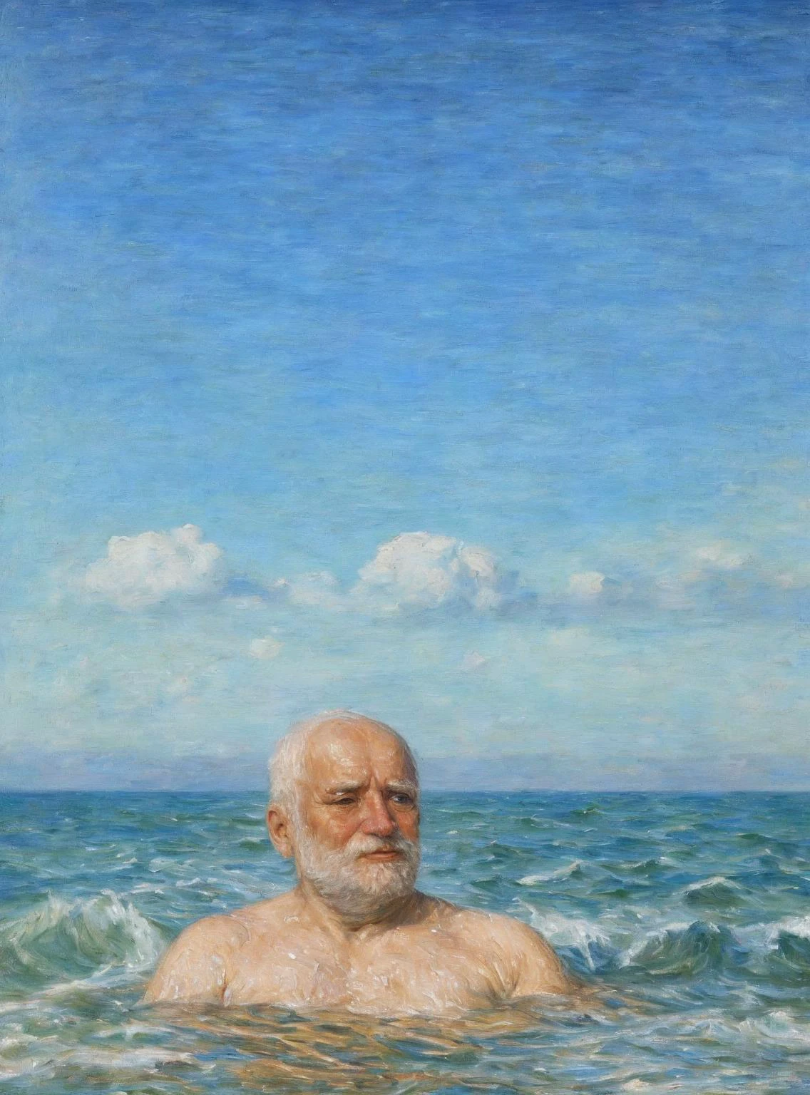 Classical art painting of sks man at the ocean, in the style of ((John Reinhard Weguelin)), academic art, (detailed realism), oil on canvas wet hair at the ocean, blue sky, bright sunlight, swimming, close up,