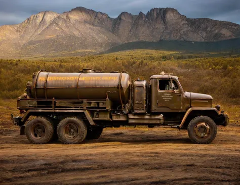 there is a large truck that is parked in the dirt