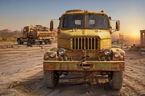 there is a yellow truck that is parked in the dirt