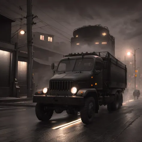 araf truck driving down a street in the rain at night