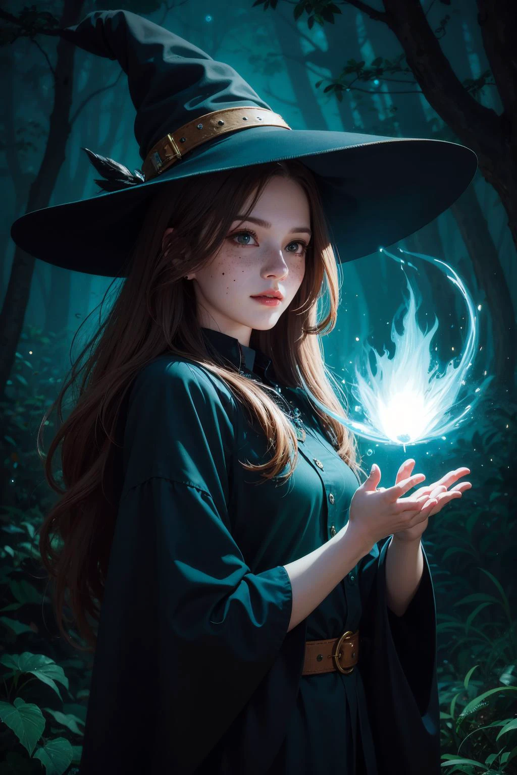 (best quality, masterpiece, realistic, detailed), 8k CG, perfect artwork, 1 girl, adult hungarian woman, slender, freckles, solo, teal eyes, light brown long hair, portrait, looking down, solo, (full body:0.6), detailed background, light smile, witch hat, witch, magical atmosphere, hair flowing in the wind, green trimmed dark colored clothes, colorful glowing magic spell in the air, swirling portal, dark magic, (style-swirlmagic:0.8), floating particles, dark sinister forest background, updraft, backlighting, 