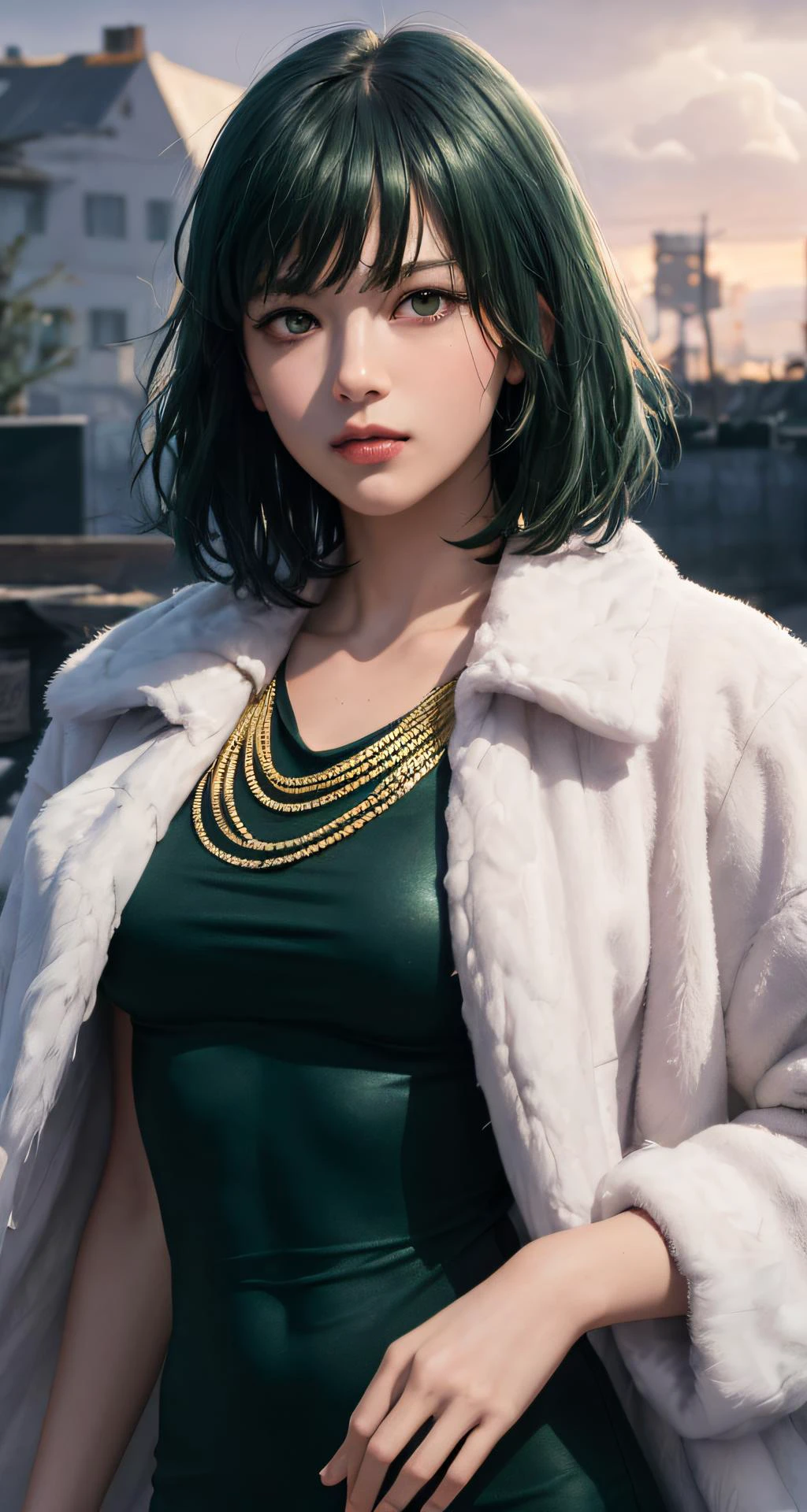 FUBUKI, (GREEN HAIR), Straight hair, TAUT CLOTHES, FUR COAT, JEWELRY, NECKLACE, long face, short hair, straight hair, (photorealistic:1.2), (masterpiece), best quality, (detailed face:1.4), raw photo, ultra realistic 8k, perfect artwork, (background violent tornado and storm :1.2),BREAK, photography,masterpiece,best quality,HDR,highres,realistic details,8K,HDR,highres,absurdres,1girl fly in the air, fubuki,expressionless, tiny breasts,masterpiece,ultra realistic,32k,extremely detailed CG unity 8k wallpaper, best quality