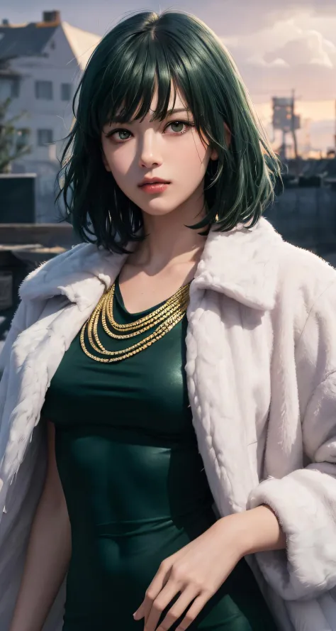 FUBUKI, (GREEN HAIR), Straight hair, TAUT CLOTHES, FUR COAT, JEWELRY, NECKLACE, long face, short hair, straight hair, (photoreal...