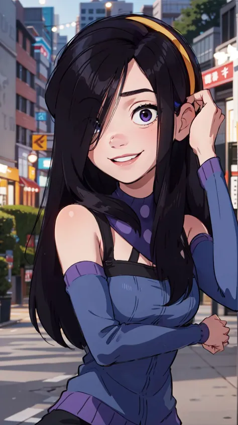 anime girl with long black hair and blue shirt posing on a city street