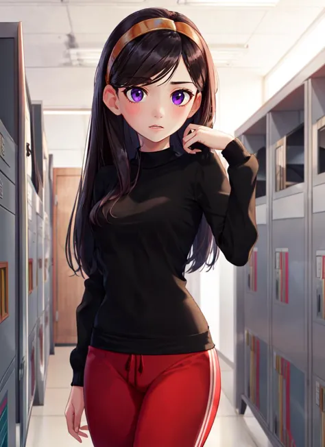 anime girl in a school hallway with lockers and lockers