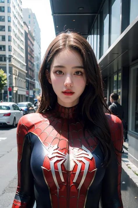 a close up of a woman in a spider - man suit on a city street