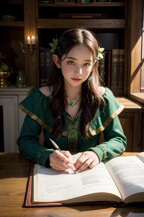 woman in green dress sitting at a table with a book and pen