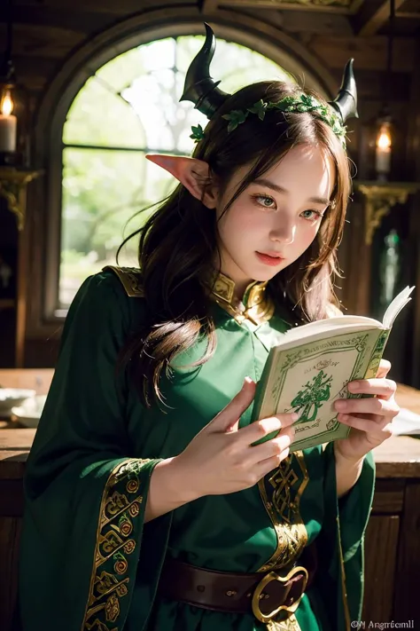 a woman dressed in green holding a book and wearing a green costume