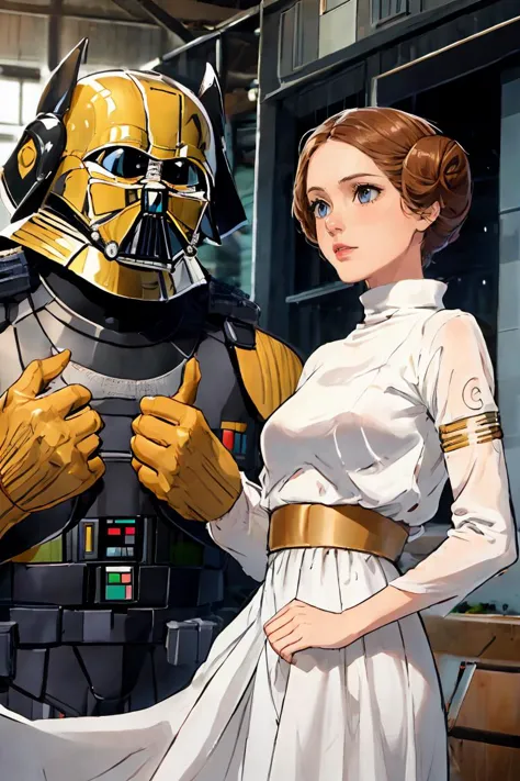 a close up of a woman in a white dress and a star wars character