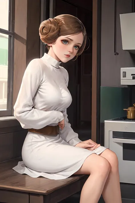 a close up of a woman sitting on a bench in a kitchen