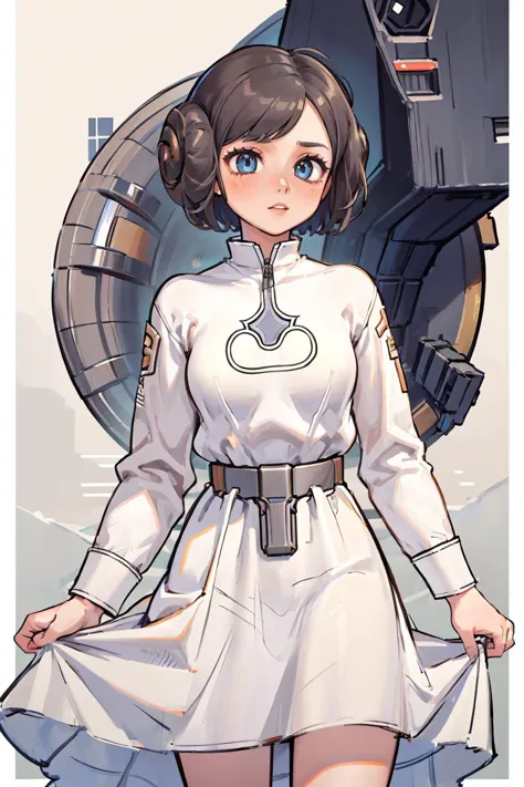 a cartoon picture of a woman in a white dress and a star wars tie