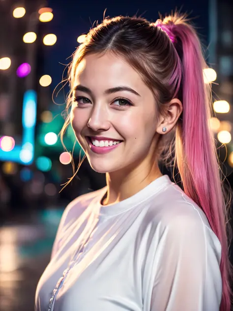 Portrait photo of a young european girl, (laughing:0.7), posing, look at a camera, pink ponytails hair, complex city background, backlit, (cinematic:1.5), epic realistic, hyperdetailed, insane details, intricate details, accent lighting, soft volumetric li...