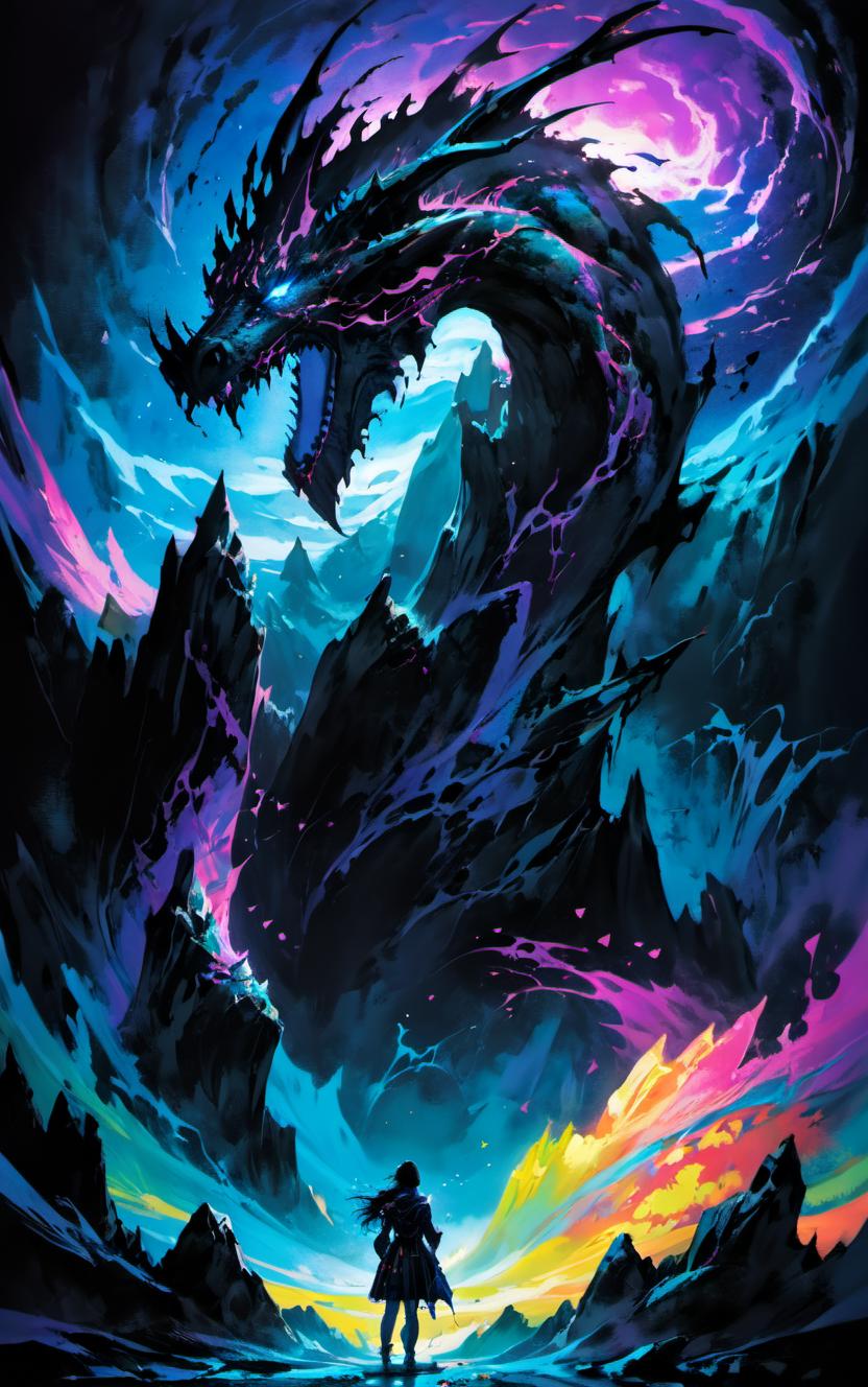 A man standing in front of a giant dragon in a colorful sky - SeaArt AI