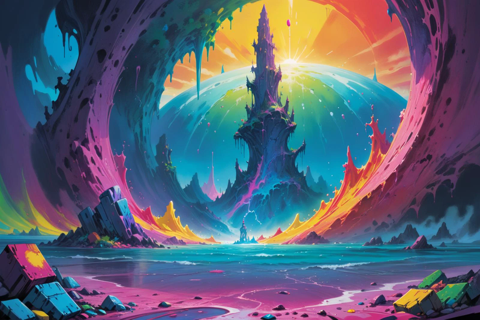 masterpiece, painted world,  colorful splashes, from the game Dead level, created by Chris Ditko and Lisa Frank and Simon Stalenhag