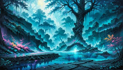 masterpiece, cinematic bloom, professional artwork, retro ink, overgrown brutalism, breathtaking scenery, background focus, large tree trunk,  glowing leaves,  glowing pool of blue water, <lora:Overgrown_Brutalism_SDXL:0.6>  <lora:Retro_Ink_SDXL:0.5>  <lora:Painted World:0.45> painted world, colorful splashes