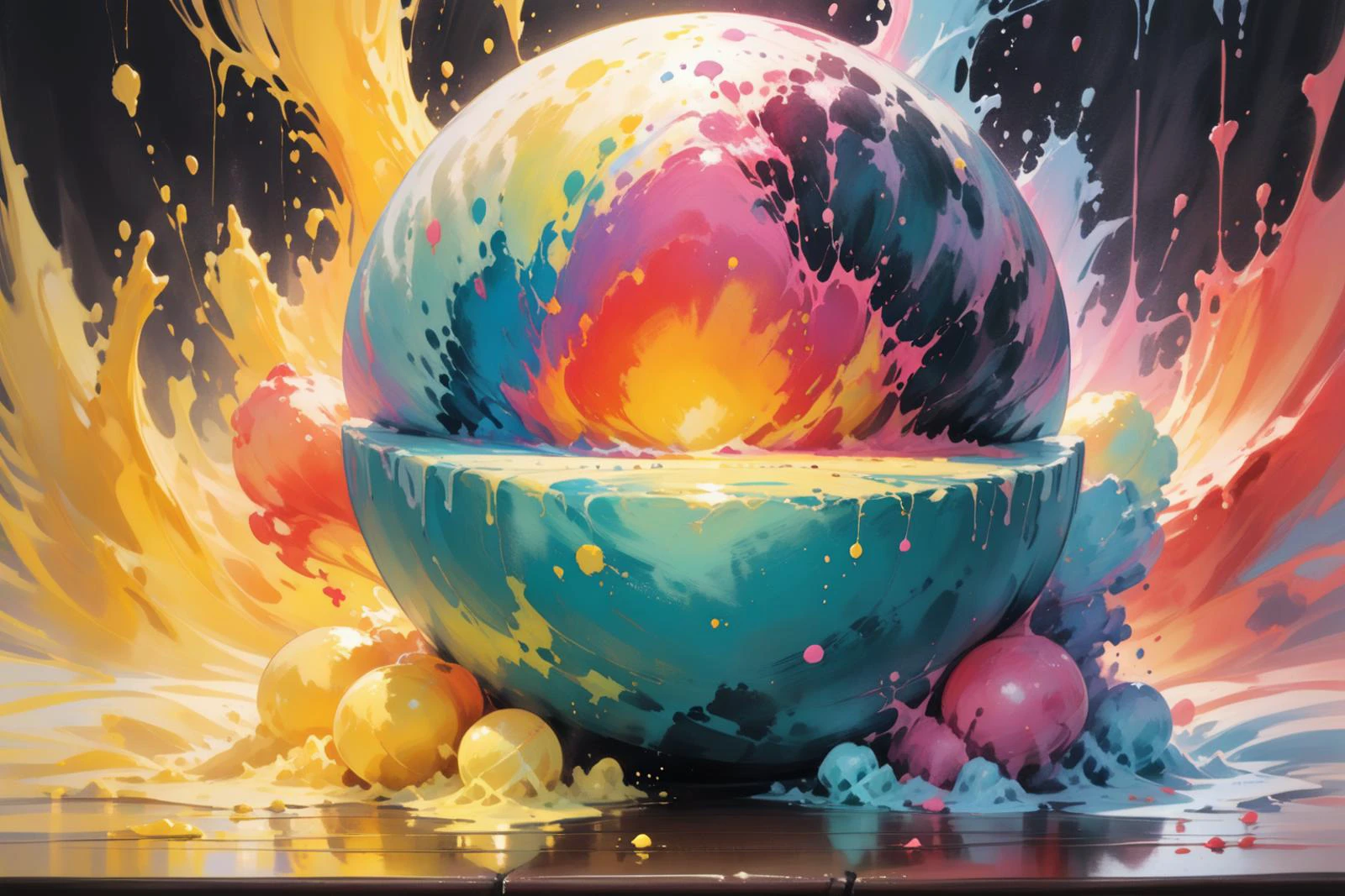 masterpiece, painted world,  colorful splashes, silent giant ball in its mouth lays on top of a tabletop table, Pastel yellow, Dark