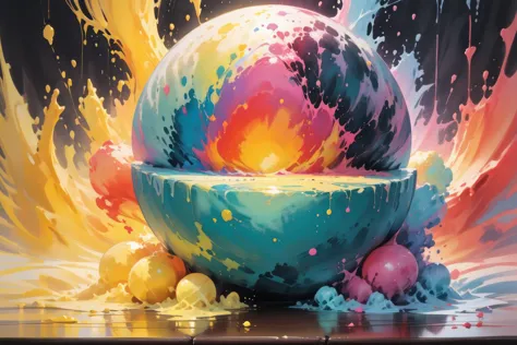 masterpiece, painted world,  colorful splashes, <lora:Painted World-000006:.8> silent giant ball in its mouth lays on top of a t...
