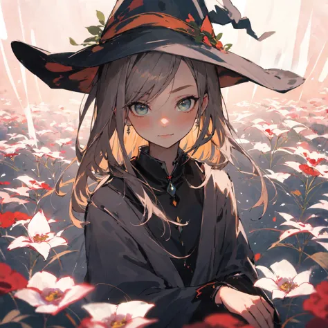 anime girl in a witch hat sitting in a field of flowers