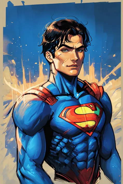 a drawing of superman standing in front of a blue background