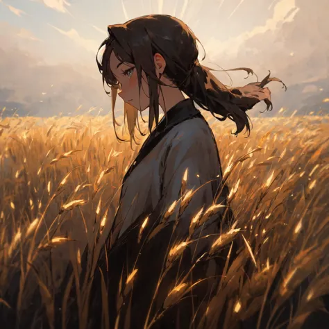 masterpiece, best quality, 1girl, in profile, close-up, wheat field, dark, dramatic lighting, painting style, soft, <lora:Ink_Pa...