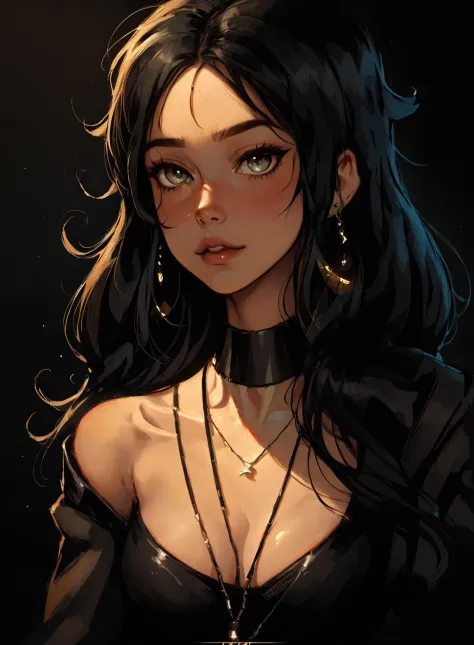a woman with long black hair and a necklace on her neck and a black shirt on her shoulders and a black background, Charlie Bowater, anime art style, a character portrait, fantasy art   <lora:Ink_Painting-000006:.8>,